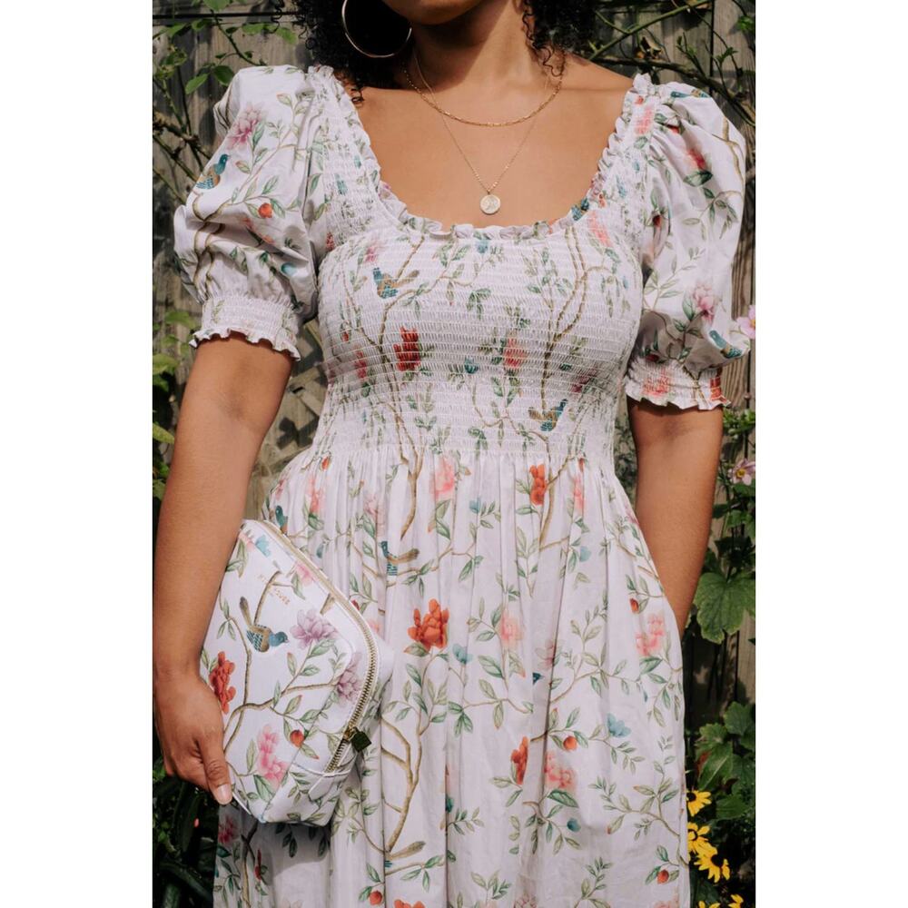 Hill House Home Smocked Louisa Nap Midi Dress Diane Pink Floral Garden Print M - Picture 2 of 11